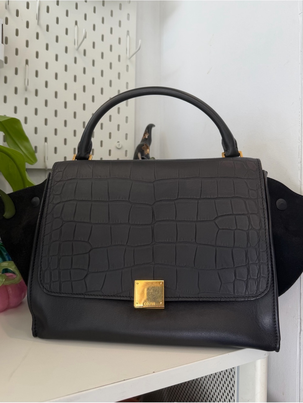 Celine Trapeze Croc-Embossed Black Leather Shoulder Bag